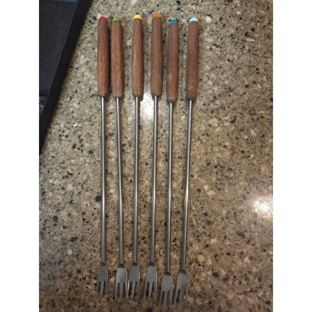 Set 6 Vintage MCM Otagiri Fondue Forks Stainless Wood‎ Handles Japan